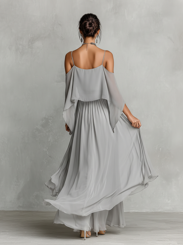 Ensemble Chiffon Respirant Grise pour Femmes avec Détail Épaule Dénudée & Silhouette Évasée, Style Féminin Luxe Contemporain MDZ2651B6I