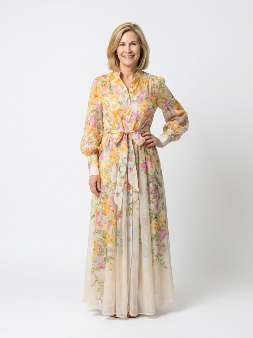 Cressida | Robe maxi florale et transparente avec manches longues
