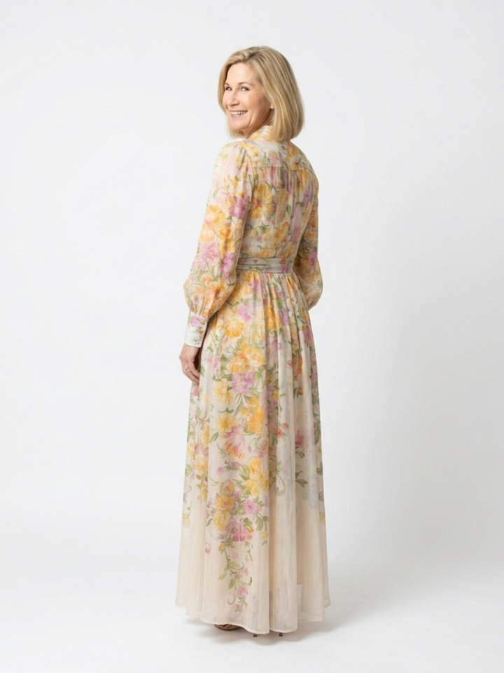 Cressida | Robe maxi florale et transparente avec manches longues