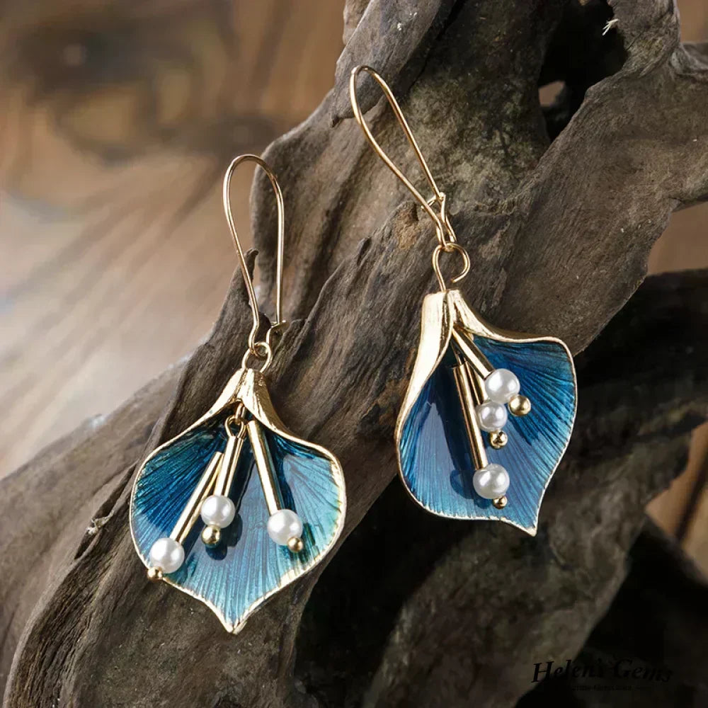 Boucles d'Oreilles Pendantes Dorées et Bleues avec Perles