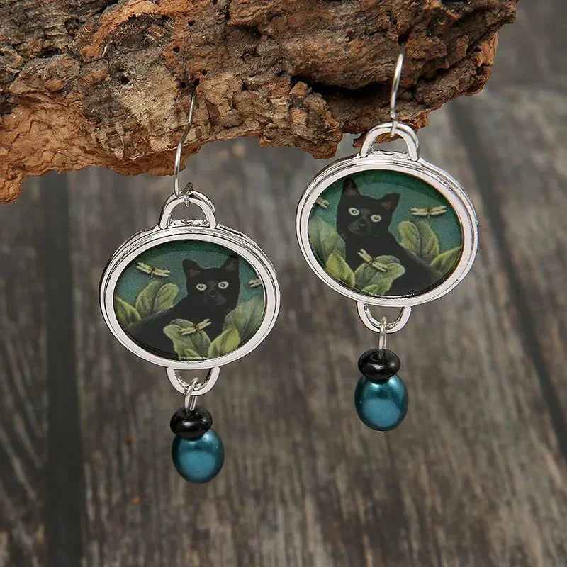Boucles d'oreilles vintage noires à motifs tropicaux
