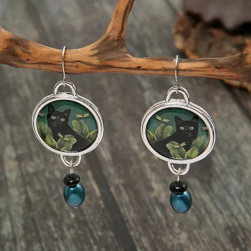 Boucles d'oreilles vintage noires à motifs tropicaux