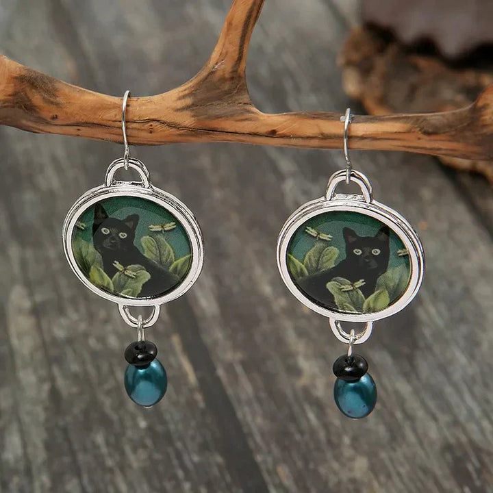 Boucles d'oreilles pendantes vintage tropicales en forme de chat noir