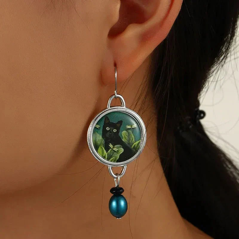 Boucles d'oreilles vintage noires à motifs tropicaux